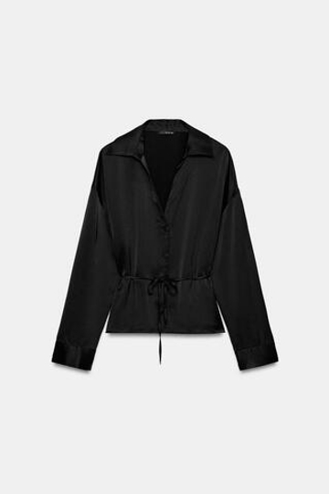 ZARA АТЛАСНАЯ РУБАШКА С РЕМНЕМ, ЧЕРНЫЙ
