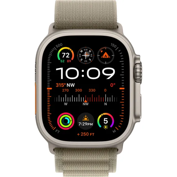 Часы Apple Watch Ultra 2, 2024, 49 мм, титан натурального цвета, ремешок Alpine оливкового цвета