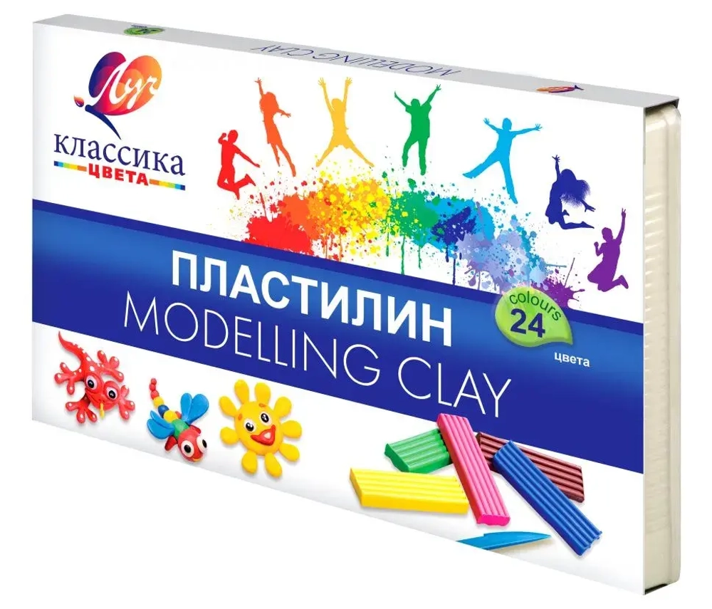 Пластилин, 24 цвета, 480 гр, стек, пластиковая коробка в картонном чехле, Классика, Луч.