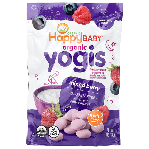 Happy Family Organics, Happy Baby®, Yogis, органические снеки с сублимированным йогуртом и фруктами, для детей, умеющих ползать, ягодное ассорти, 28 г (1 унция)