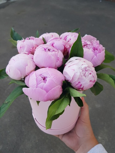 Розовая шляпная коробка из 11 пионов