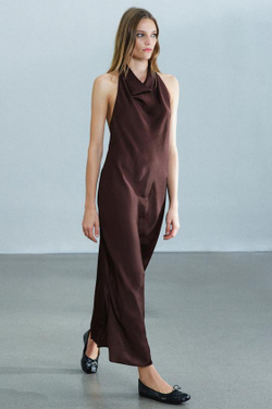 ZARA АТЛАСНОЕ ПЛАТЬЕ МИДИ С ГОРЛОВИНОЙ ХАЛТЕР — ZW COLLECTION, БАКЛАЖАННЫЙ