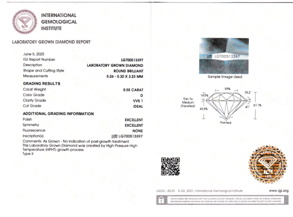 Лабораторно-выращенный бриллиант Кр-57 5.26-5.30 мм D/VVS1 0.55 ct