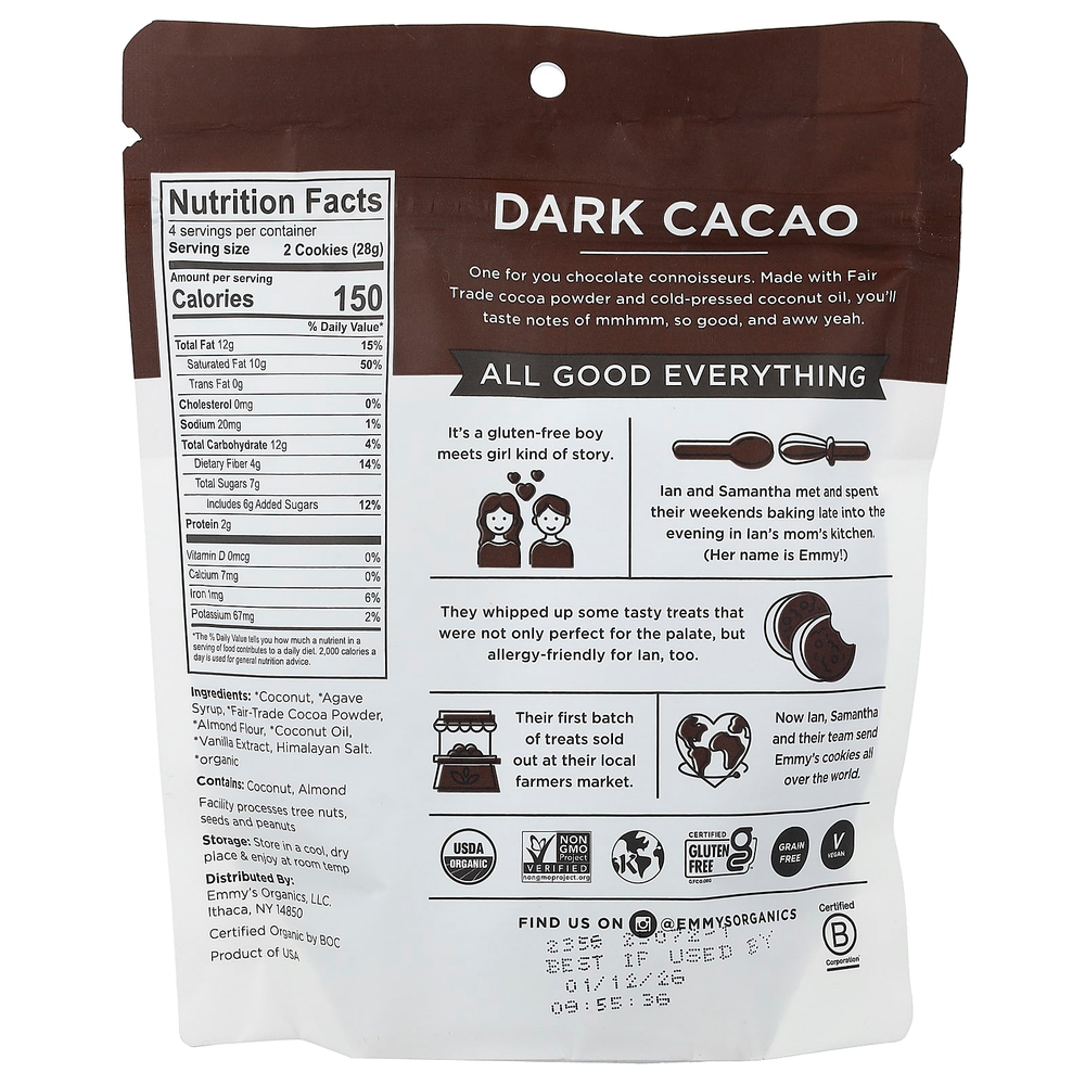 Emmy's Organic Cookies, мягкое жевательное печенье с кокосом, темное какао, 113 г (4 унции)