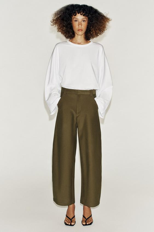 ZARA БРЮКИ БАРРЕЛЬ, ТЕМНЫЙ ХАКИ