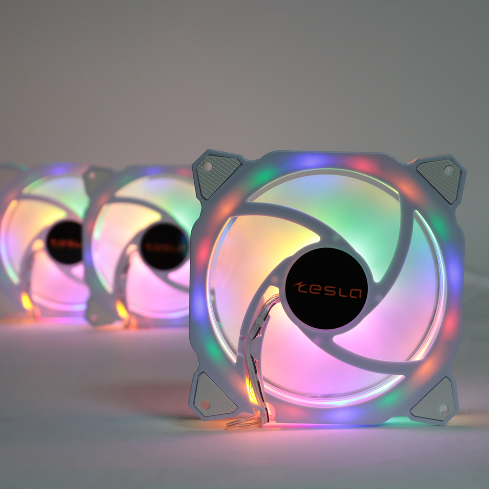 Комплект из 3 вентиляторов ТЕСЛА (TESLA) RGB120-RW3, 120мм, 3-pin+Molex, белый/FRGB, 1200rpm, 38CFM, 21дБ, антивибропрокладки (TSL-120-RW3)