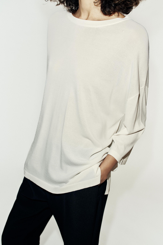 ZARA ТРИКОТАЖНЫЙ ТОП С РУКАВАМИ 3/4, БЕЛЫЙ