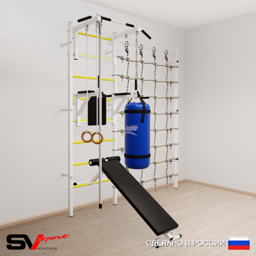Шведская стенка Sv Sport 58410 (Турник стандарт/Брусья/Скамья/Канат/Кольца/Цепь/Мешок 15кг/Канатный лаз)