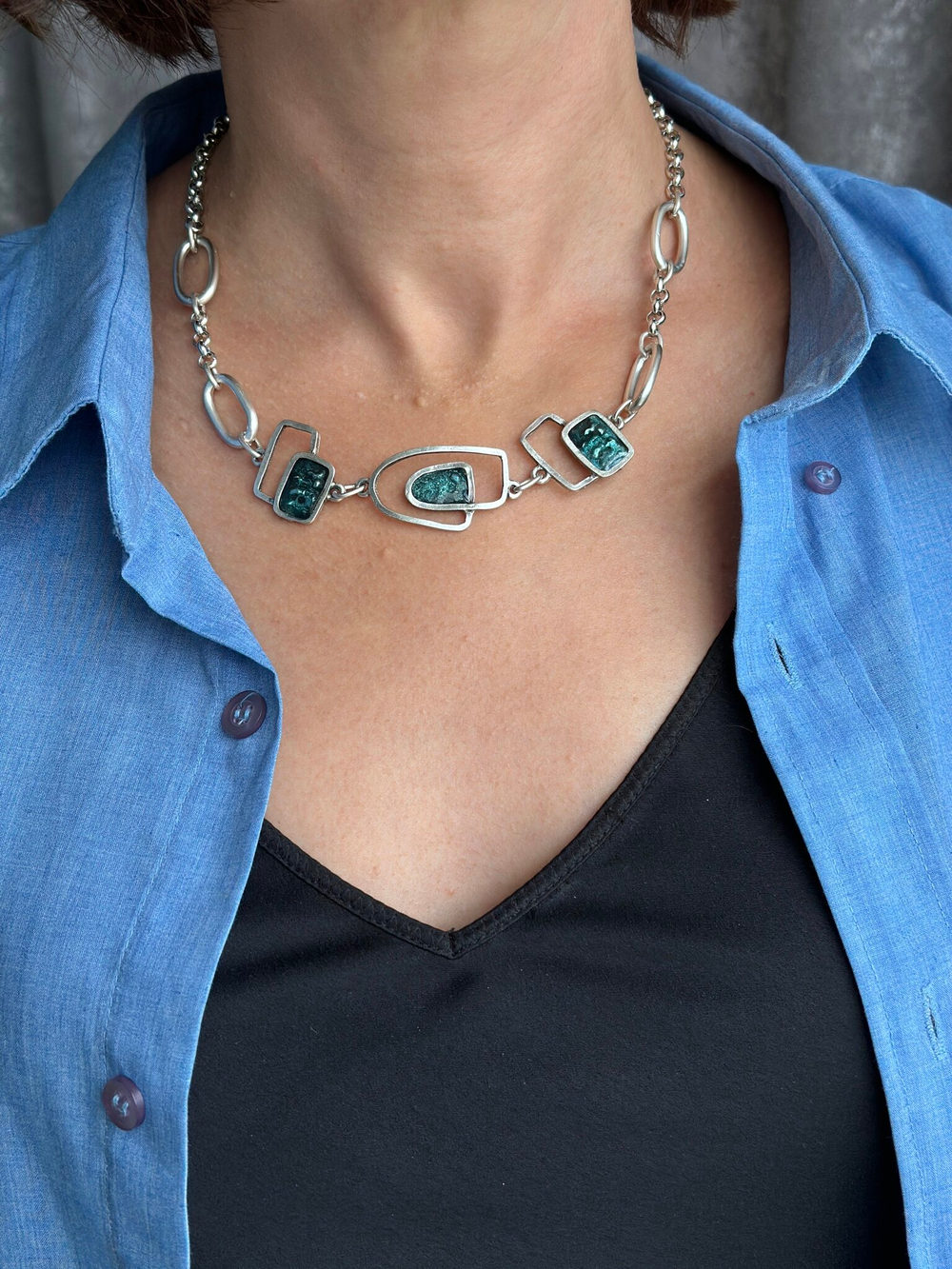 HMG MT Enamel Silver Колье chain mix арт.1490, с бирюзовой эмалью