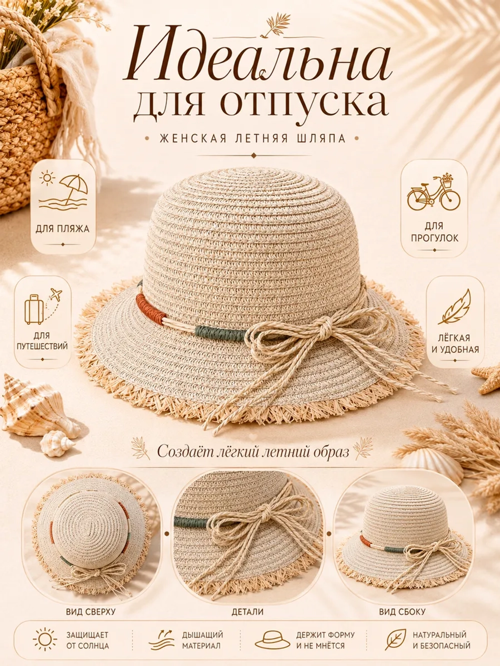 Соломенная шляпа летняя плетеная пляжная панама