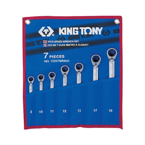 KING TONY (12207MRN01) Набор комбинированных трещоточных ключей, 8-19 мм, чехол из теторона, 7 предметов