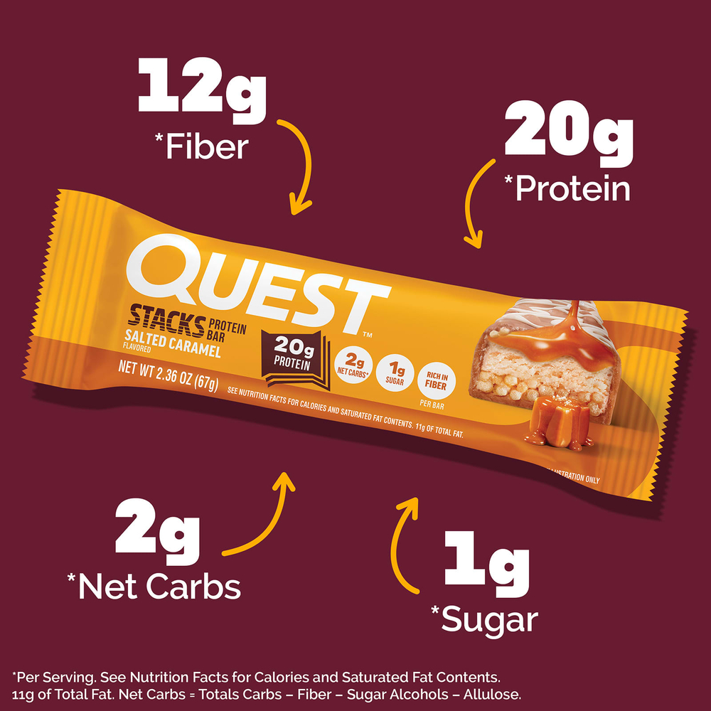 Quest Nutrition, Stacks, протеиновый батончик, соленая карамель, 12 батончиков, 67 г (2,36 унции) каждый