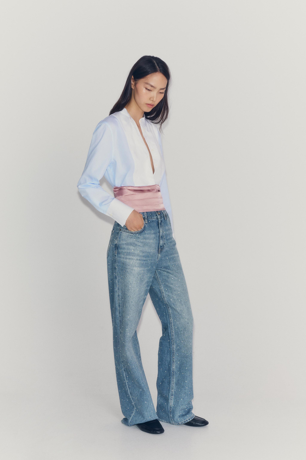 ZARA РУБАШКА В ПОЛОСКУ С МАНИШКОЙ ZW COLLECTION, СИНИЙ/БЕЛЫЙ