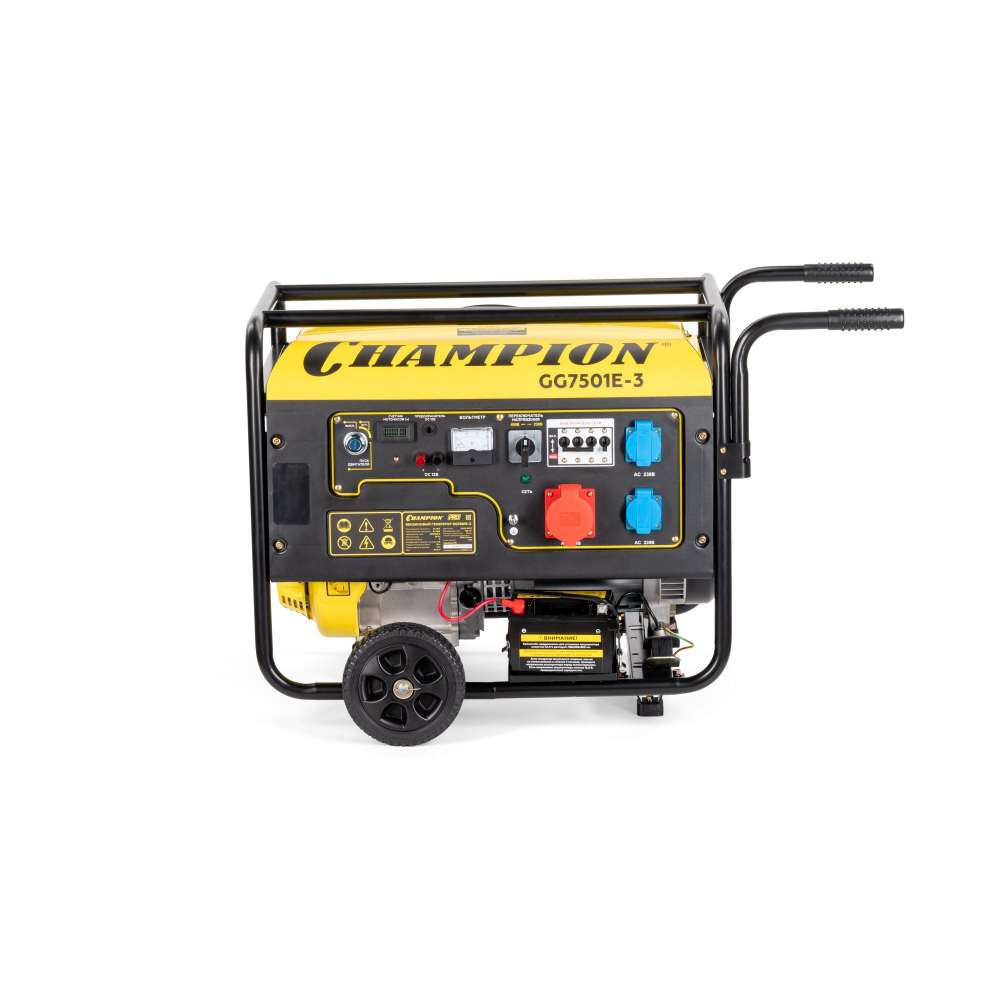 Генератор CHAMPION GG7501E-3 (PRO 400В7,5/8,1кВАcosф=0,8 15лс25л230/12В84,2кг,эл.стартер,счетч.колес