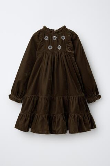 ZARA БАРХАТНОЕ ПЛАТЬЕ С КАМНЯМИ, ТЕМНЫЙ ХАКИ