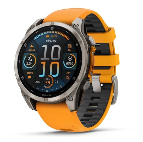 Умные часы Garmin Fenix 8, 51 мм, AMOLED,Sapphire, Titanium, светло-серый, оранжевый силиконовый ремешок