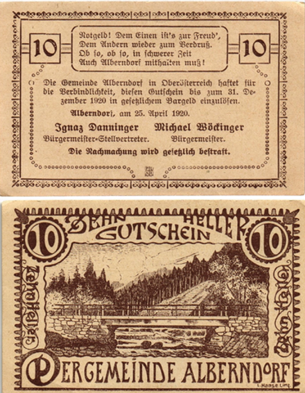 Австрия 10 геллеров 1920 Альберндорф XF