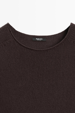 Massimo Dutti Вязаный свитер с коротким рукавом из смесовой хлопковой ткани, шоколадный
