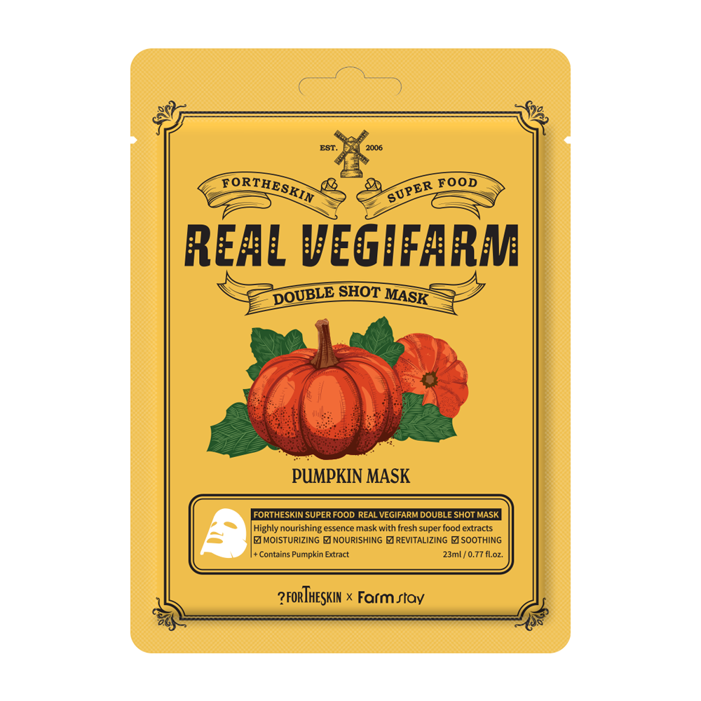 FORTHESKIN Тканевая маска для лица ТЫКВА SUPER FOOD REAL  DOUBLE SHOT MASK - Pumpkin Mask, 23 мл