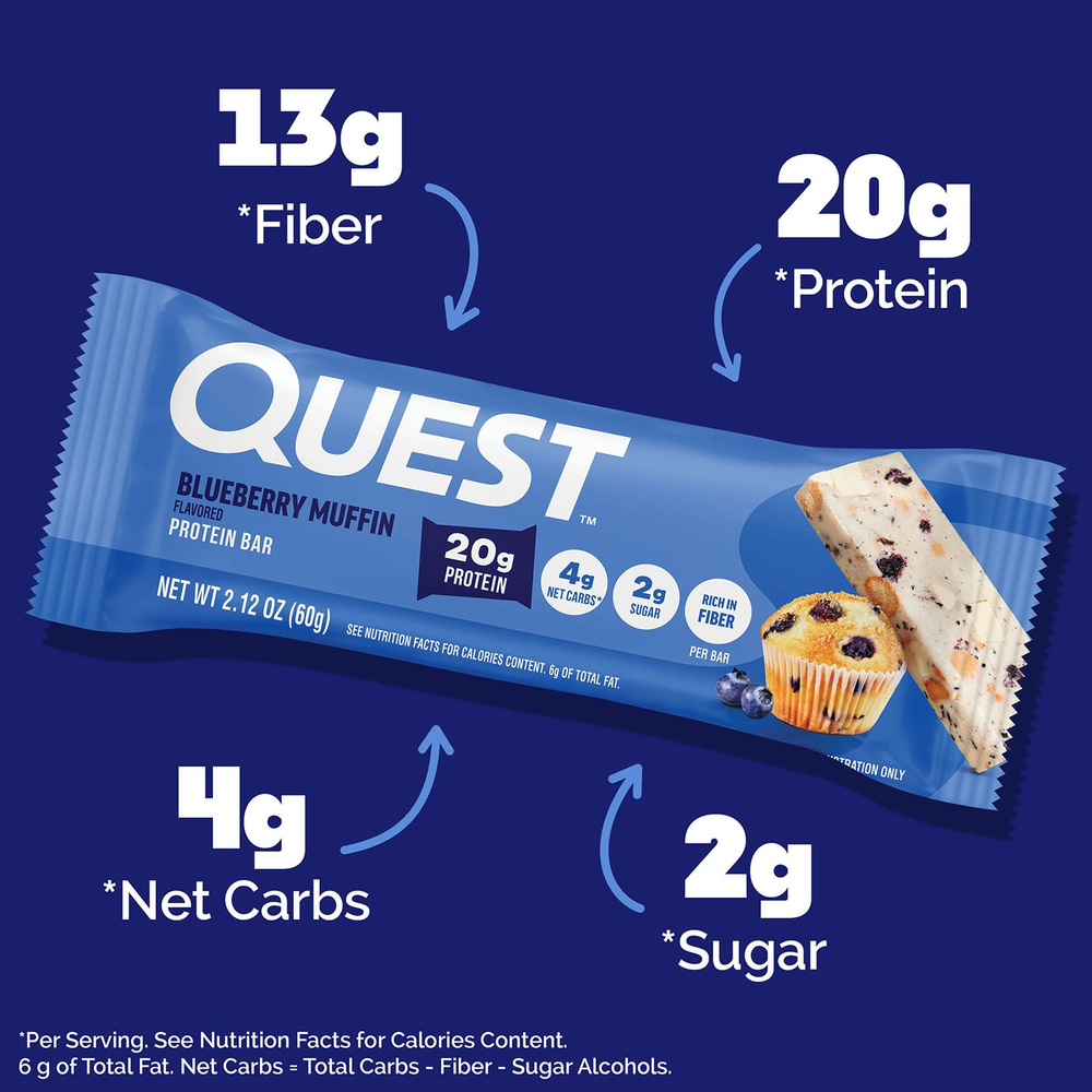 Quest Nutrition, протеиновый батончик, вкус кекса с голубикой, 12 батончиков по 60 г (2,12 унции)