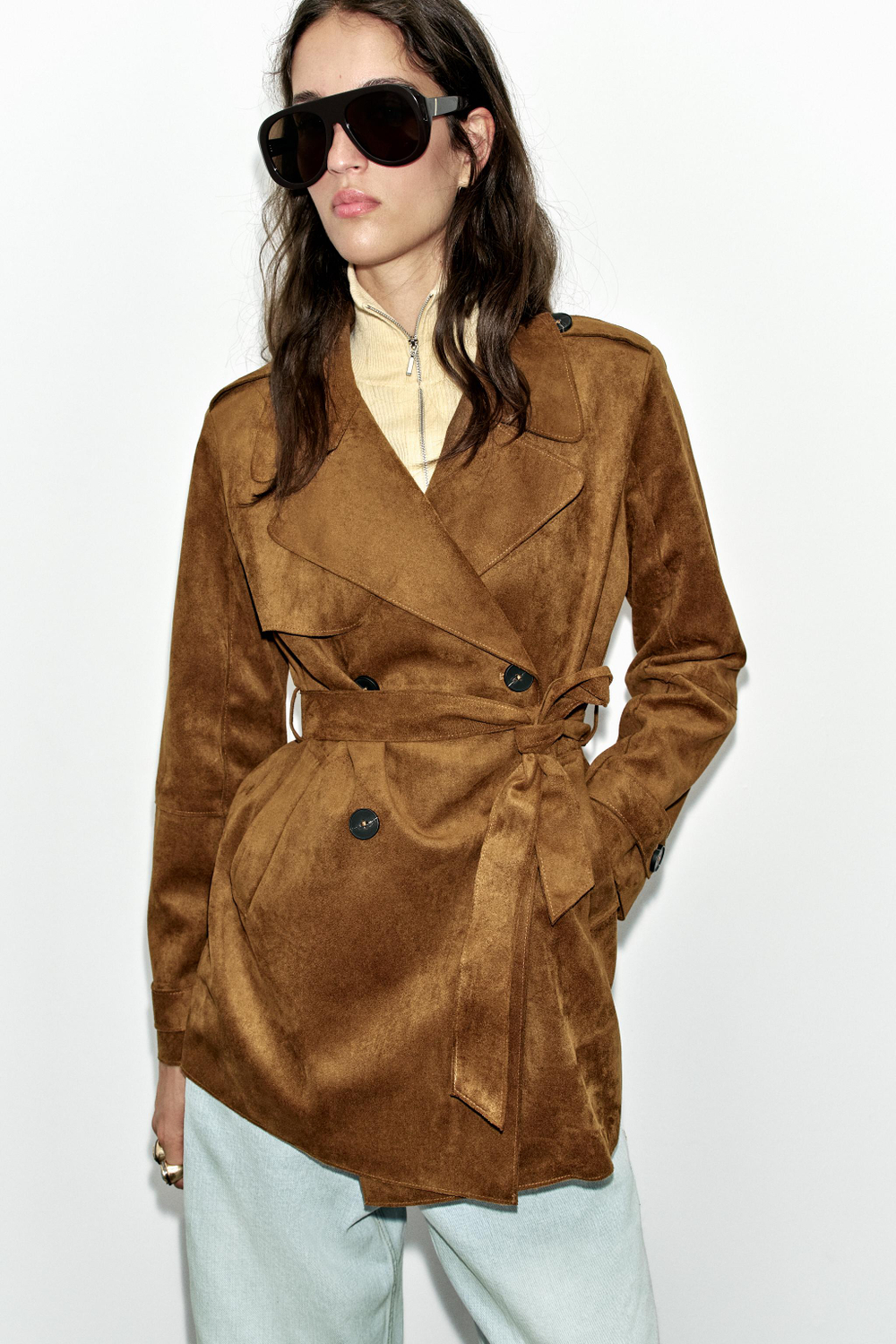 ТРЕНЧ ИЗ ИСКУССТВЕННОЙ ЗАМШИ С ПОЯСОМ — ZARA