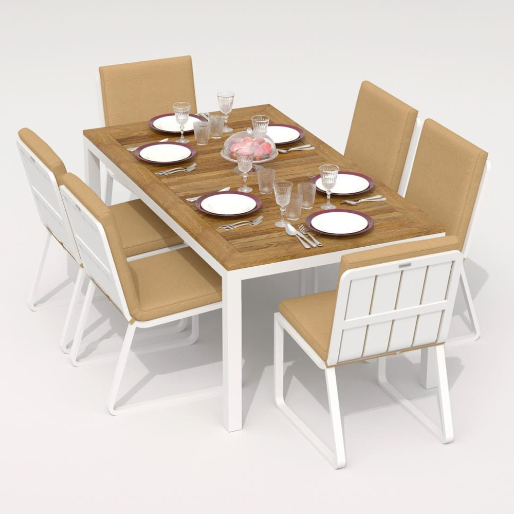 Обеденная группа Ideal Patio ТЕЛЛА  ГИРА  каркас белый, стол тик 180, ткань бежевая