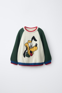 ZARA ДЖЕМПЕР С ВЫШИВКОЙ PLUTO И MICKEY MOUSE © DISNEY, ЗЕЛЕНЫЙ/ЭКРЮ