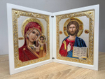 Складень, Казанская БМ, Спаситель, икона прямоугольная, белое дерево, эмаль 185х300