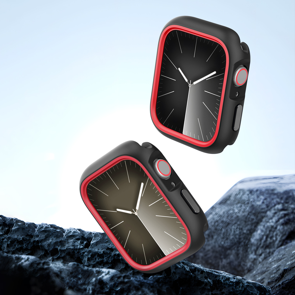 Чехол-бампер для часов Apple Watch 45 мм для моделей 7, 8 и 9 серии, черный с красными вставками (Black/Red) от Dux Ducis, серия Bamo Series Case