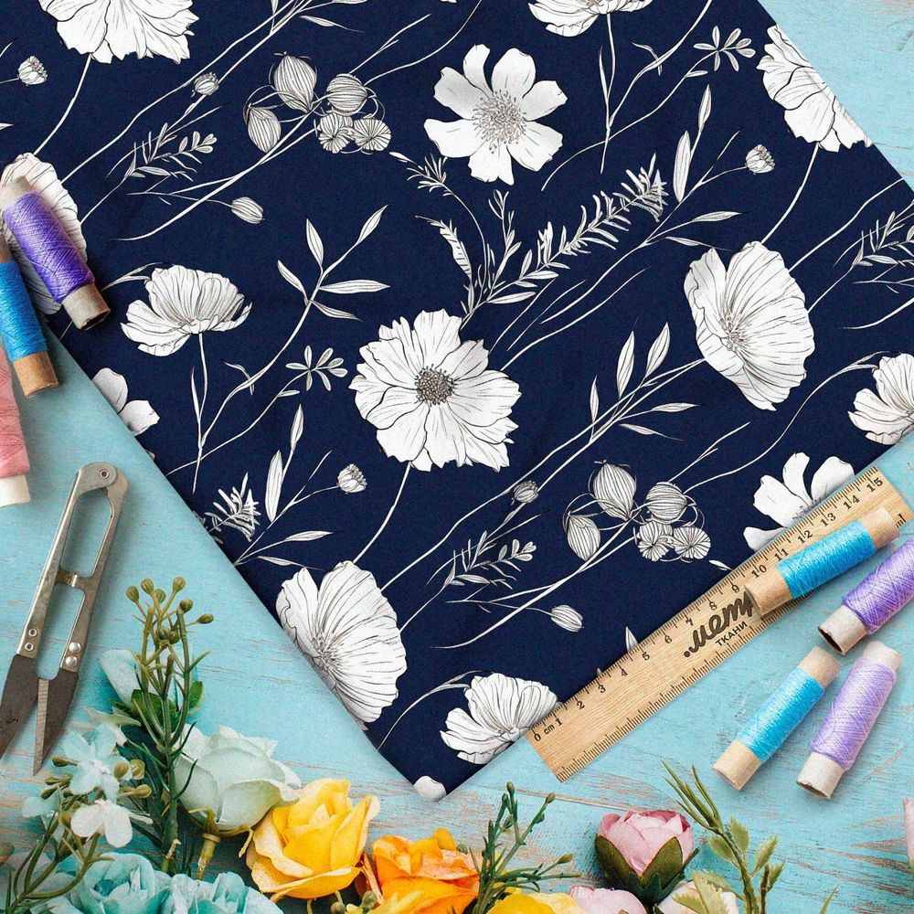 Ткань премиум дюспо белые полевые цветы на белом