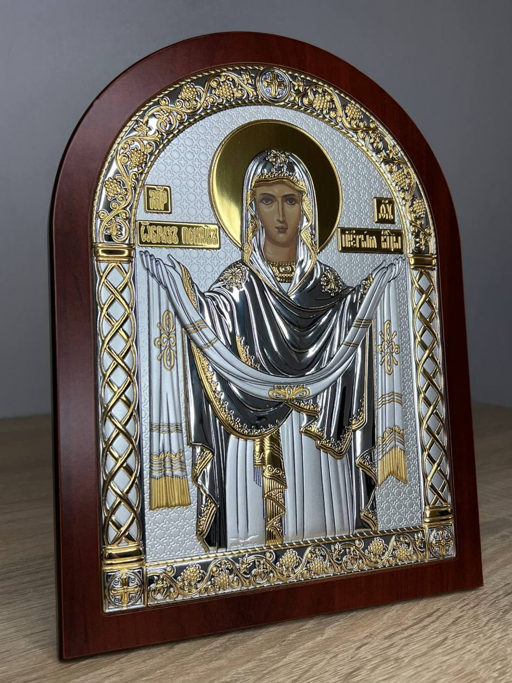 Покрова, икона арочная, красное дерево 150х200 — детальный вид