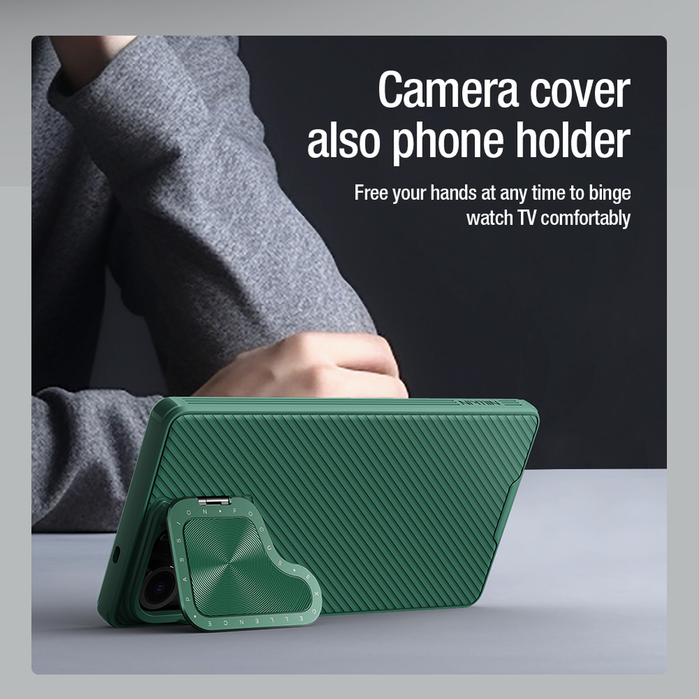 Чехол зеленого цвета (Dark Green) от Nillkin с металлической крышкой для камеры на Samsung Galaxy S25 Ultra, серия CamShield Prop Case