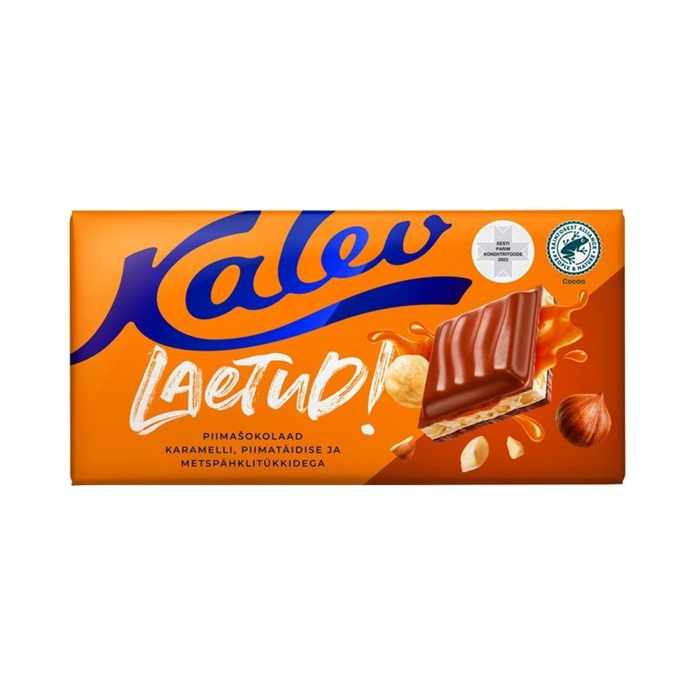 Молочный шоколад Kalev Laetud с карамелью, молочной начинкой и кусочками фундука 145 г (из Эстонии)
