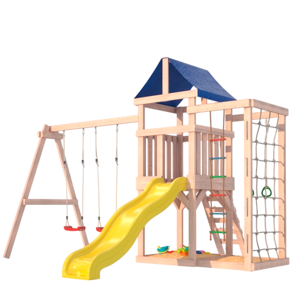 Детская площадка для улицы и дачи Fun Land неокрашенная с сеткой стенкой и качелями