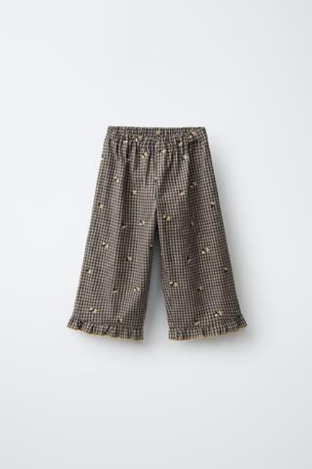 ZARA БРЮКИ-КЮЛОТЫ В КЛЕТКУ ВИШИ С ЦВЕТОЧНОЙ ВЫШИВКОЙ, СЕРЫЙ