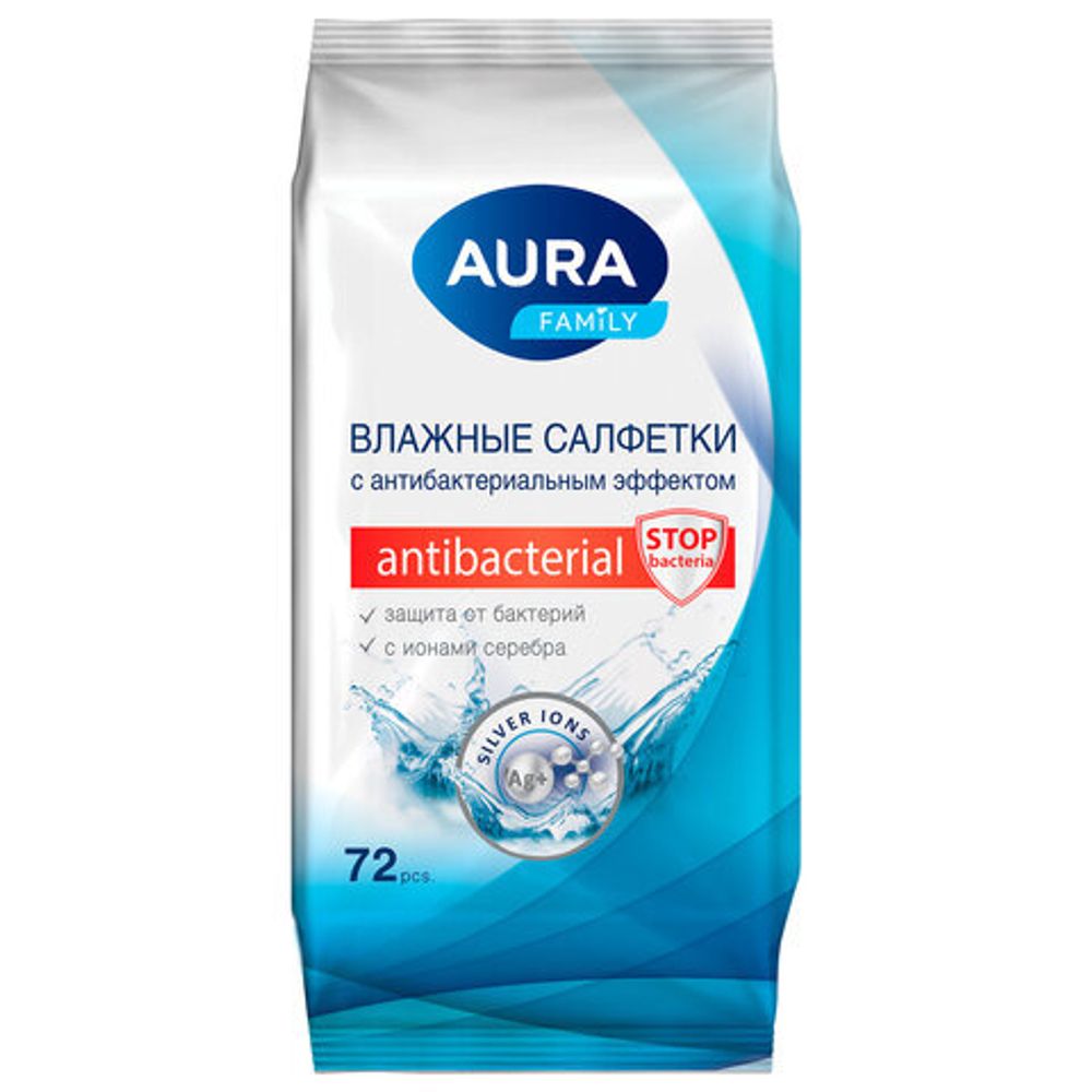 Салфетки влажные, 72 шт., AURA "Family", антибактериальные, для всей семьи, 26065, 7044