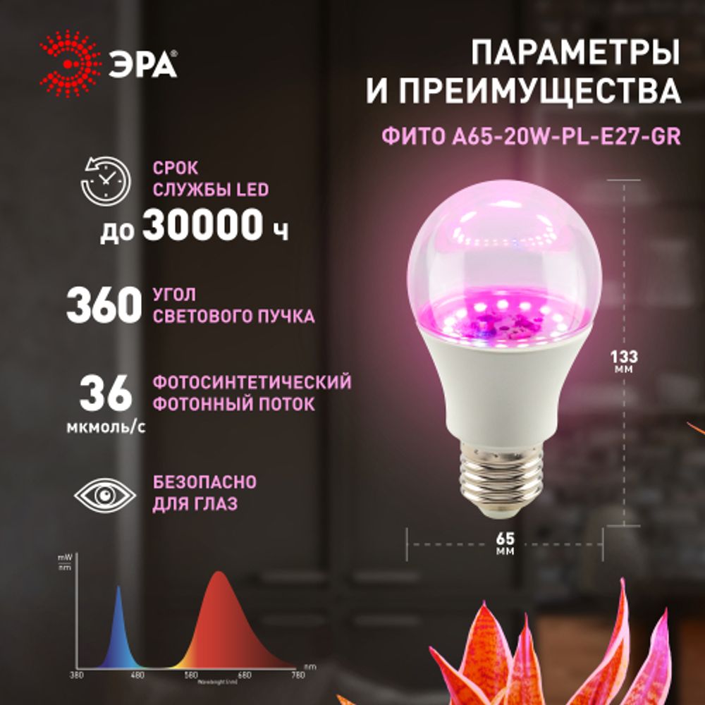 Фитолампа для растений светодиодная ЭРА GREEN LINE ФИТО A65-20W-PL-E27-GR розового свечения 20 Вт Е27 | Фитолампы Е27