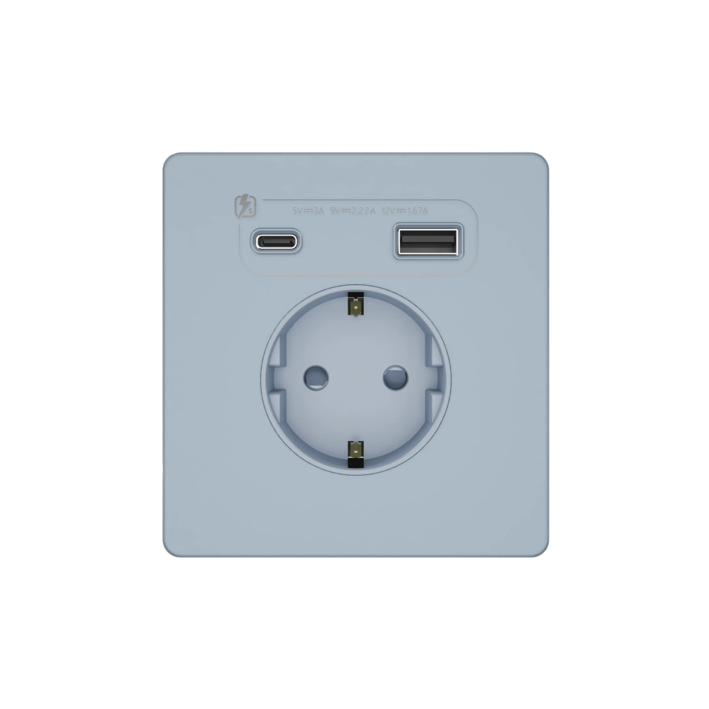 Systeme Infinity, Розетка С/У с ЗК и зар.устр.USB А+С 20Вт (250В, 16А, защит.шторки), Стальное небо