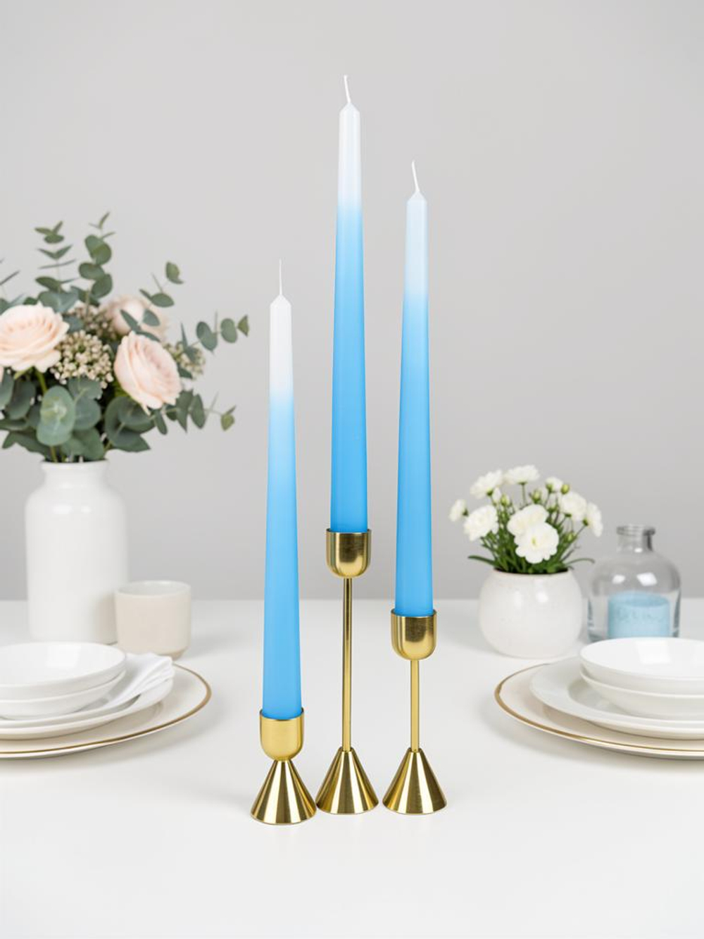 Набор градиентных голубых интерьерных свечей, в наборе 3шт.