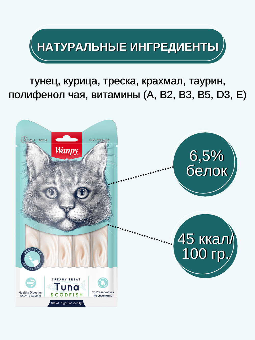 Wanpy Cat Лакомство для кошек «нежное пюре» из тунца и трески 70 г (5шт х 14г)