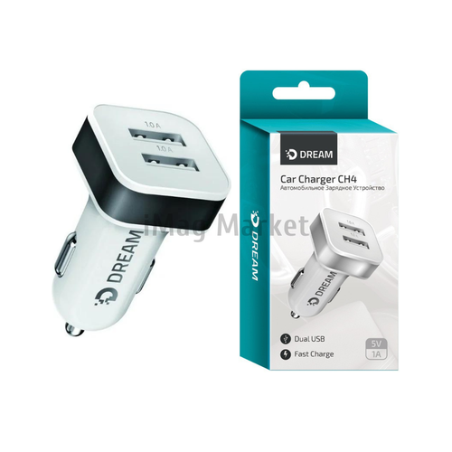 Автомобильное зарядное устройство Dream CH4, 2 USB-A, 5W, 1A, бело-черный