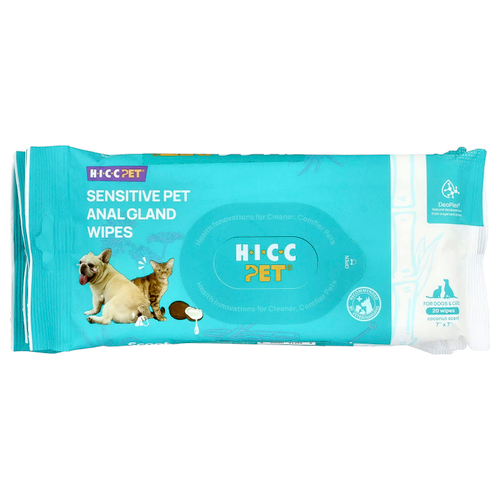 HICC Pet, чувствительные салфетки для анальной железы, для собак и кошек, с кокосом, 6 упаковок по 20 салфеток