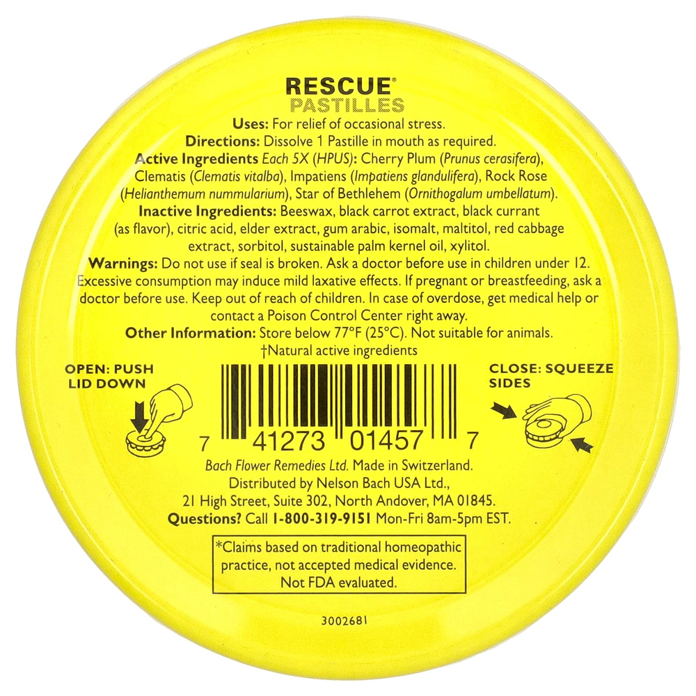 Bach, Rescue®, пастилки для снятия стресса природным способом, со вкусом черной смородины, 35 пастилок