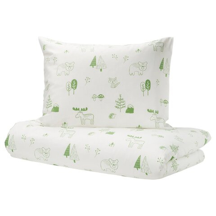 IKEA BARNDRÖM  (ИКЕА БАРНДРЁМ)  -  Пододеяльник и наволочка - белый/зелёный, лес 150x200/50x60 см