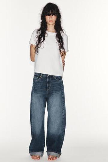 ZARA ДЖИНСЫ TRF BAGGY FOLDED СО СРЕДНЕЙ ПОСАДКОЙ, СИНИЙ