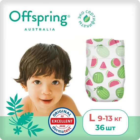 Подгузники Offspring L 9-13 кг, 36 шт, арбузы