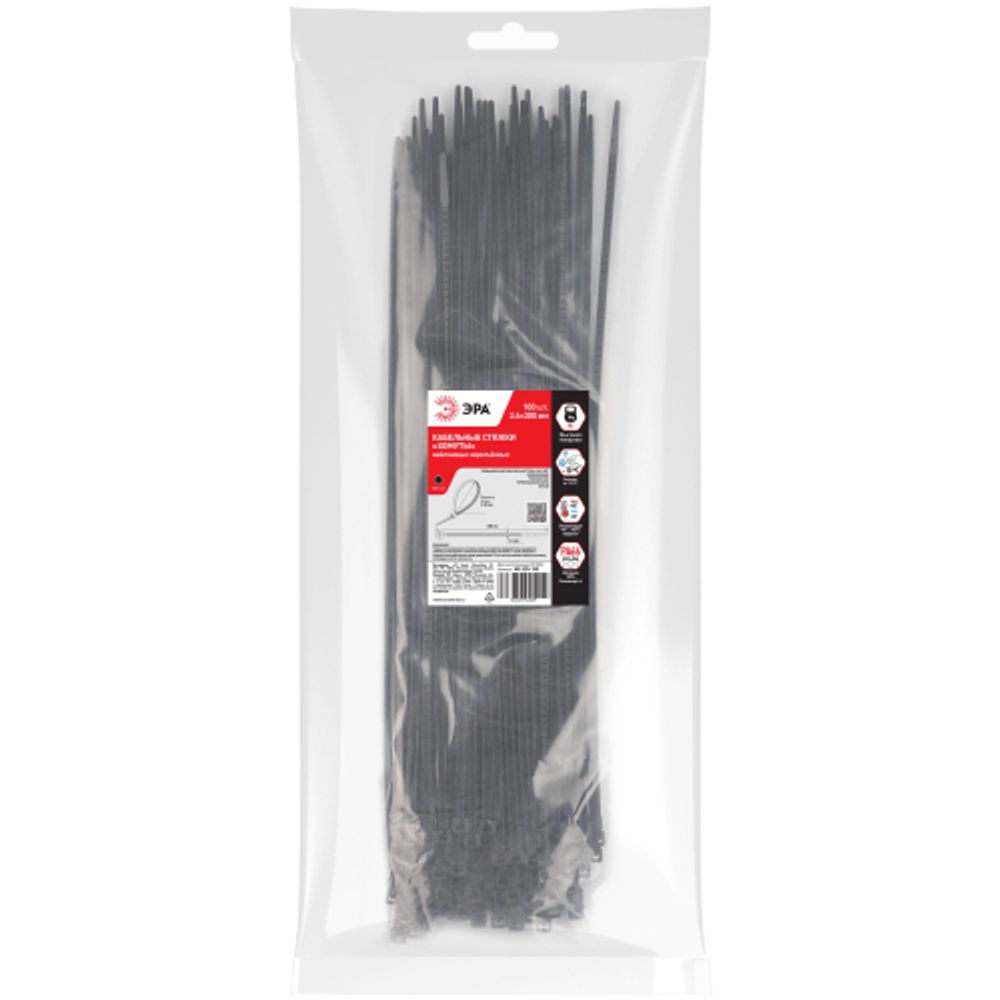 Кабельная стяжка ЭРА NO-225-180 (хомут) нейлоновая 3.6 х 300 мм чёрная (100 шт/уп) | Электротовары