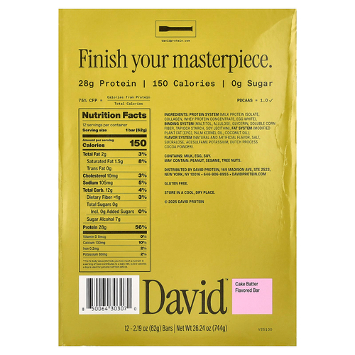 David Protein , Protein Bar, Cake Batter, 12 Bars, 2.19 oz (62 g) Each