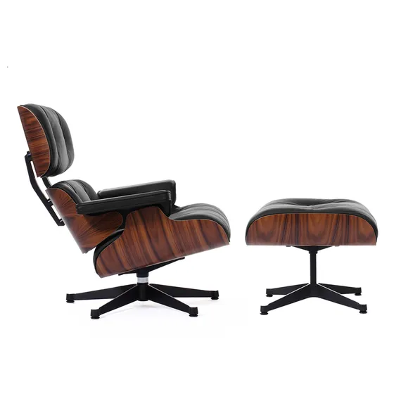 Кресло с оттоманкой Eames Lounge, черная кожа, палисандр