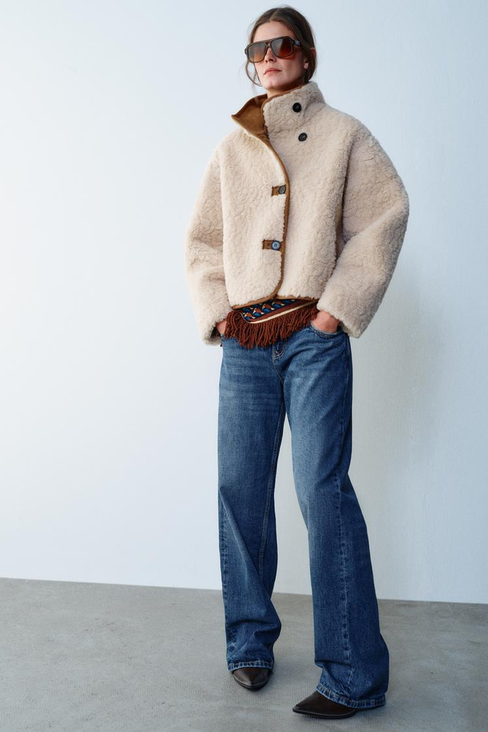 ZARA ДВУСТОРОНЯЯ КУРТКА-ДУБЛЕНКА, ЭКРЮ